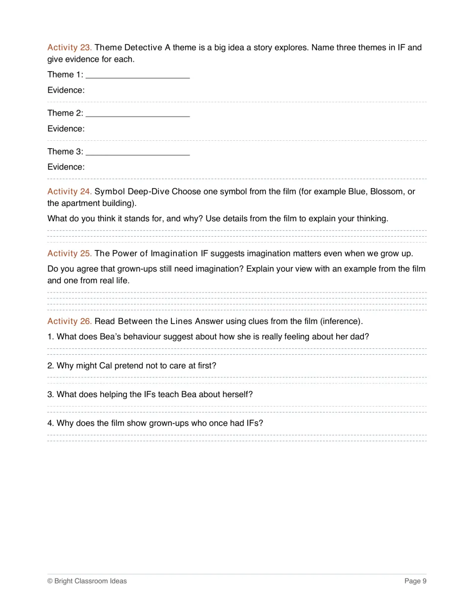 Themes and inference: students name three themes with evidence, explain a symbol and answer inference questions