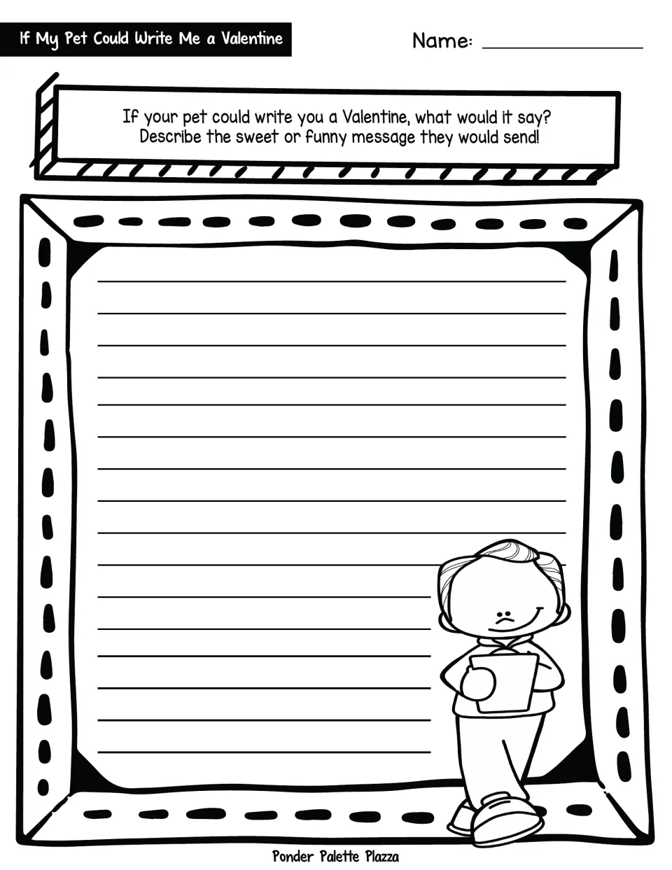 Writing prompt asking students to imagine the sweet or funny Valentine message their pet would send them.