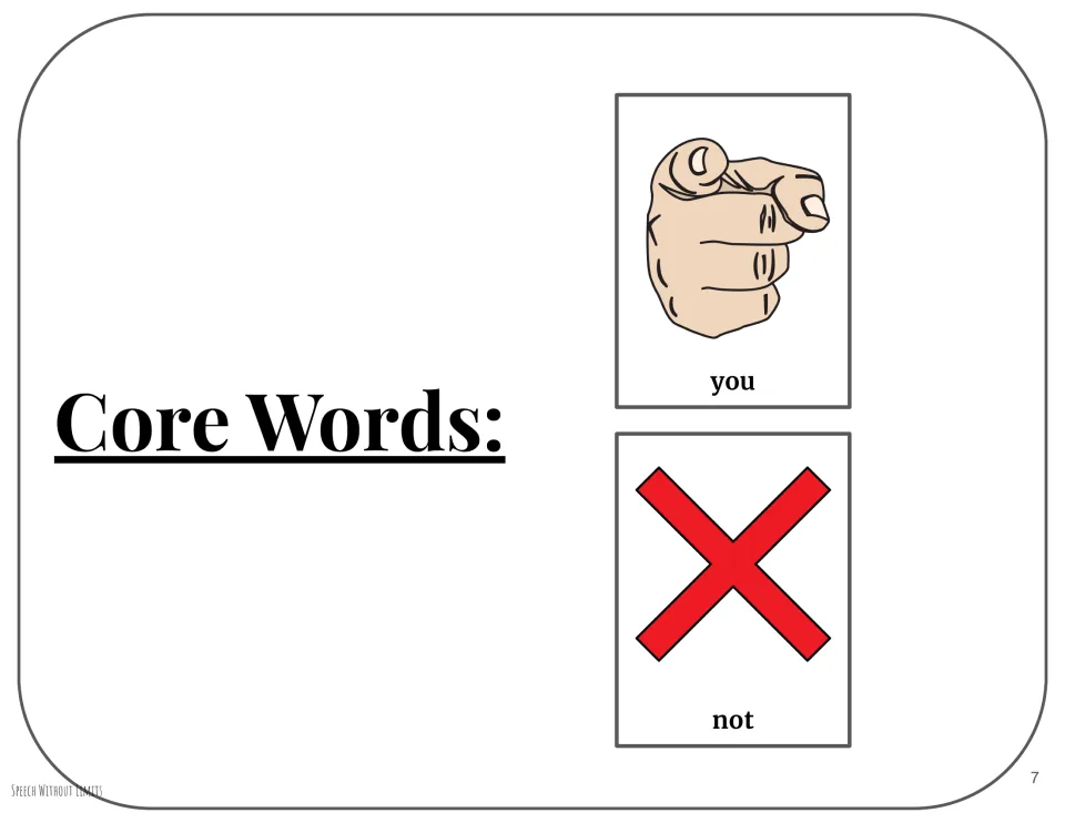 Core vocabulary page introduces you and not using a pointing hand for you and a red X for not