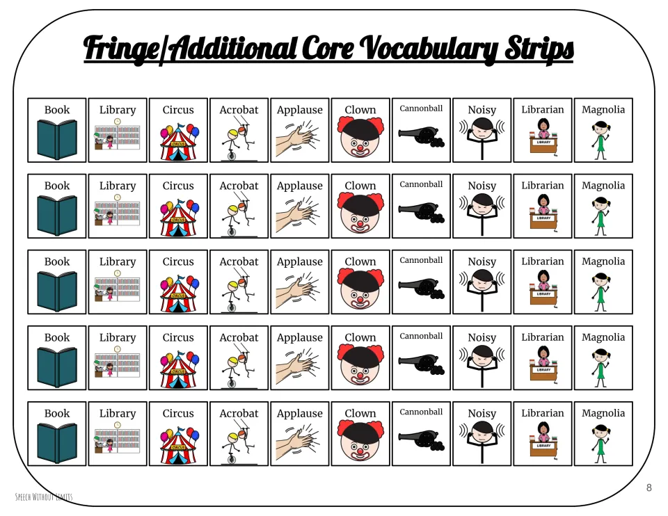 Vocabulary strips repeat 10 pictured words five times, including book, library, circus, acrobat, and Magnolia