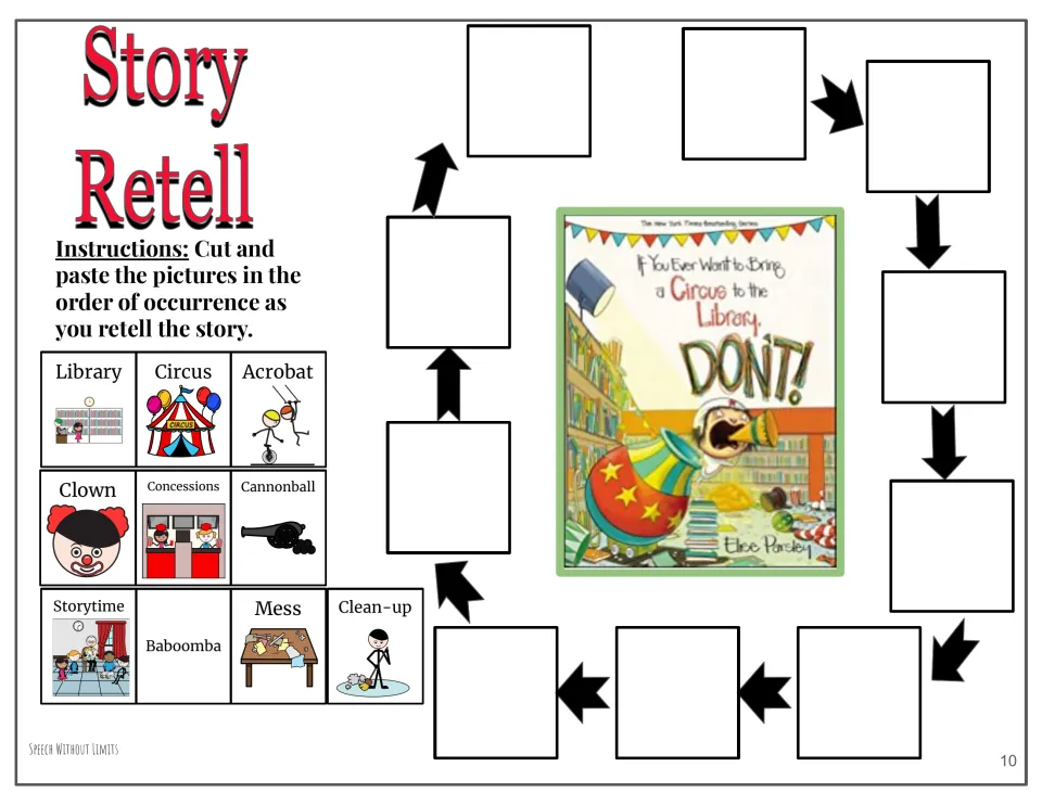Story retell activity has 10 cut-and-paste pieces, including library, circus, clown, mess, and clean-up