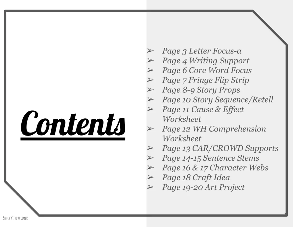 Book companion contents listing letter focus, writing support, vocabulary, retelling, comprehension, and art