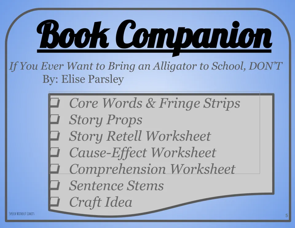 Book companion overview listing core words, fringe strips, story props, worksheets, sentence stems, and a craft