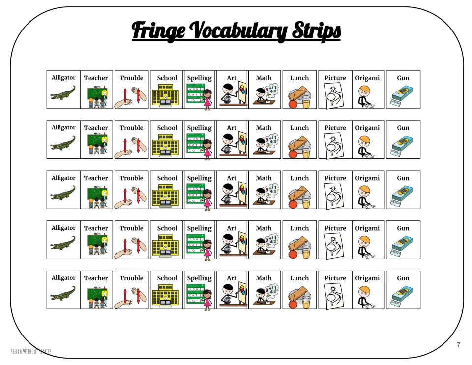 Five repeated fringe vocabulary strips for the story, each with 11 pictured words including alligator and school