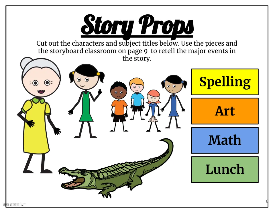 Story retelling cutouts include a teacher, children, an alligator, and labels for spelling, art, math, and lunch