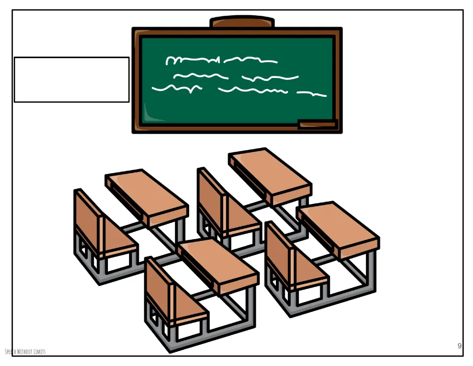 Classroom storyboard scene with a chalkboard and student desks for retelling the story using the cutout props