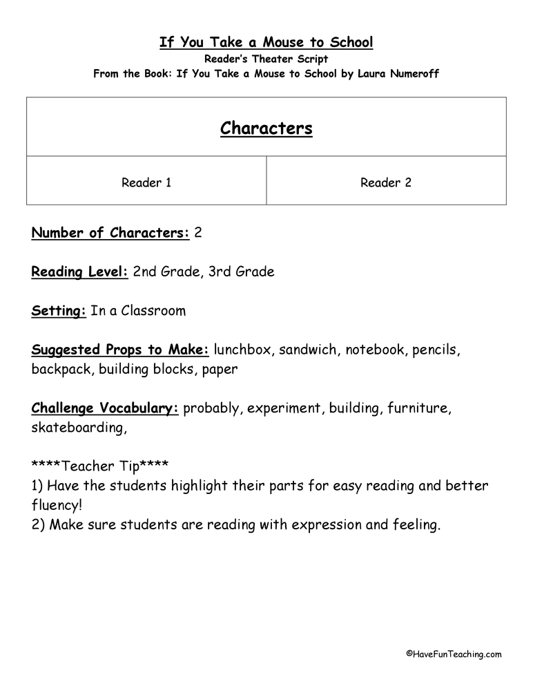 If You Take A Mouse To School Reader's Theater teaching resource preview