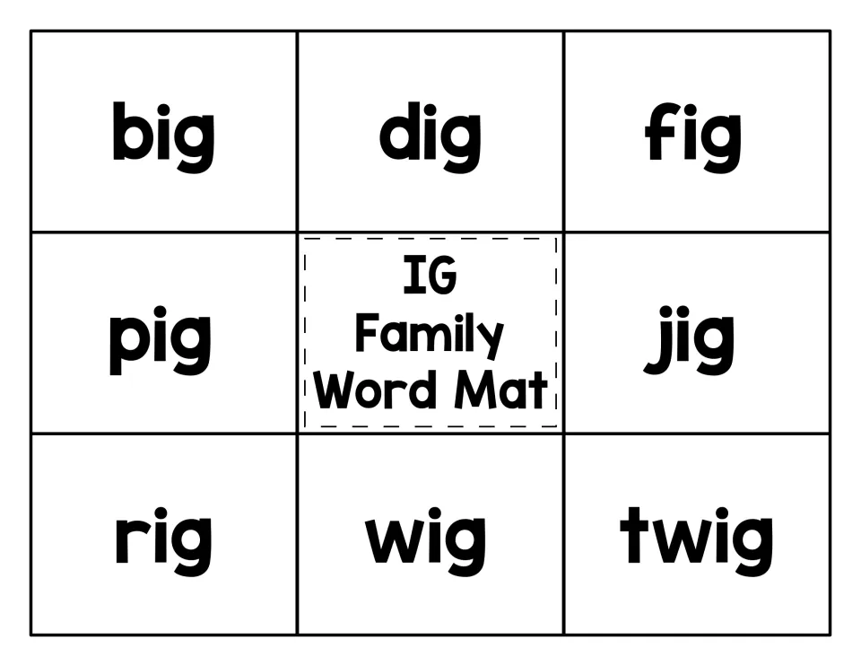 IG family word mat: students read big, dig, fig, pig, jig, rig, wig and twig and match a picture card to each word