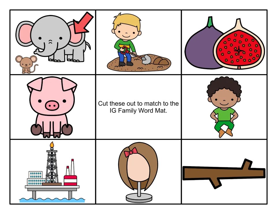 Color -ig picture cards to cut out: big elephant by a mouse, boy digging, figs, pig, dancing boy, oil rig, wig and twig