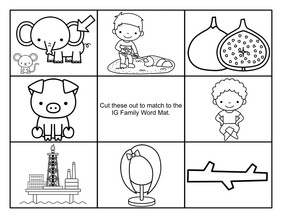 Black-and-white -ig picture cards to color and cut out: big elephant, digging boy, figs, pig, jig, oil rig, wig, twig