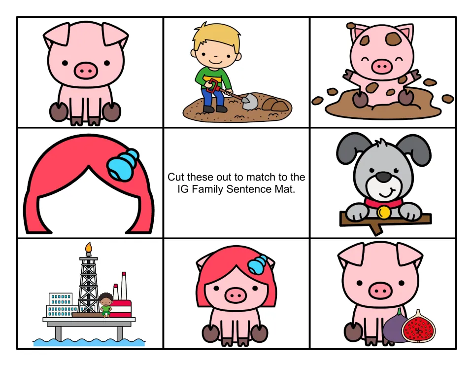 Sentence picture cards to cut: pig, boy digging, muddy pig, red wig, dog with a twig, rig, pig in a wig, pig and figs