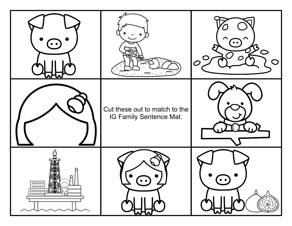 Black-and-white sentence picture cards to color and cut: muddy pig, dog holding a twig, pig in a wig, pig beside figs
