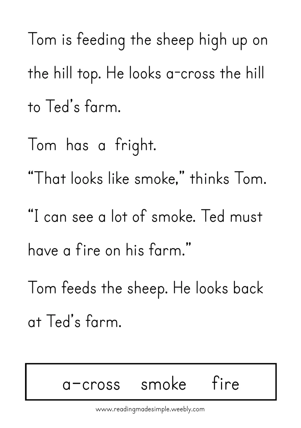 Opening story page: Tom feeds sheep high on a hill, spots smoke, and thinks Ted has a fire on his farm