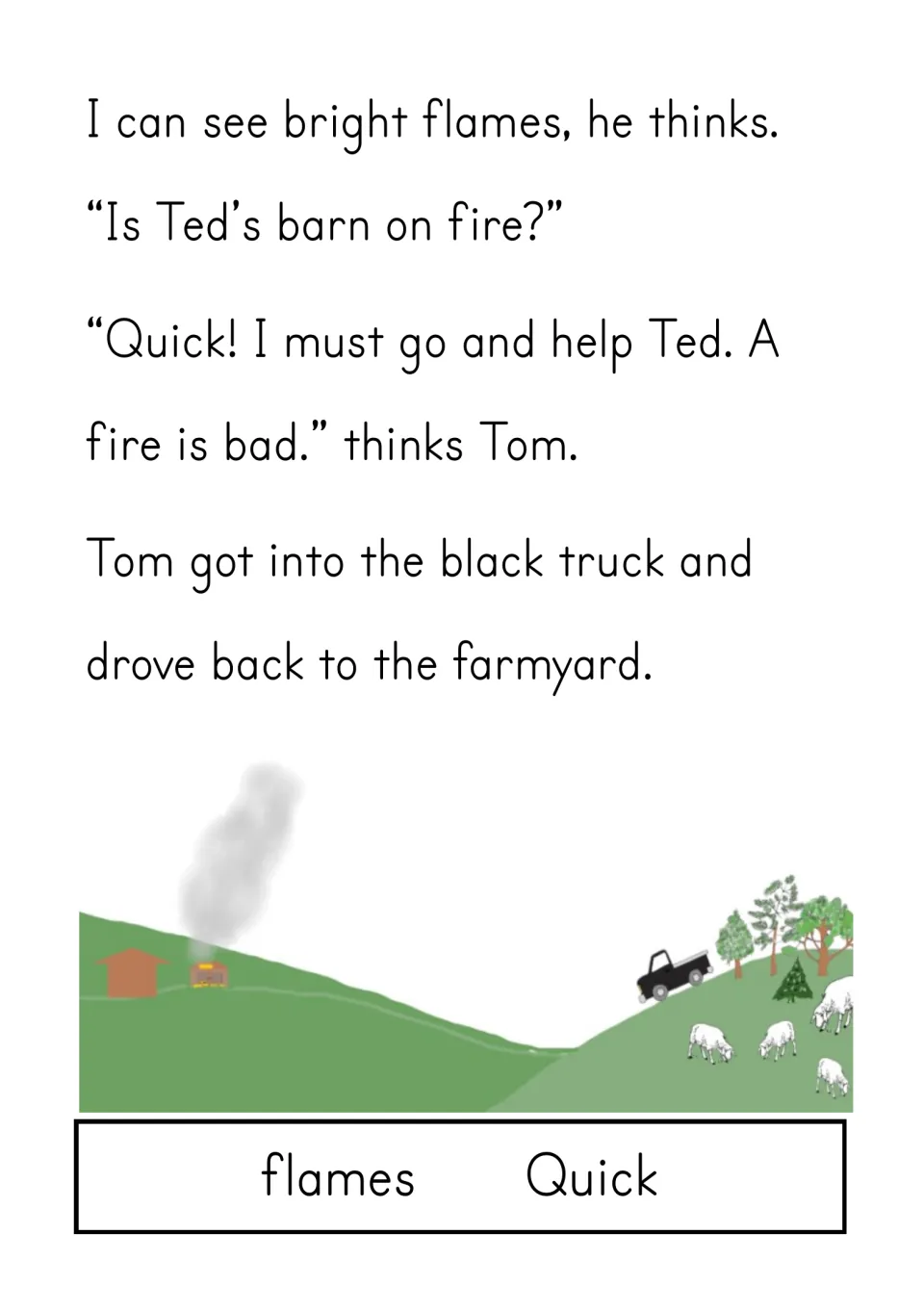 Story continuation: Tom sees bright flames, worries about Ted's barn, and drives back to the farmyard