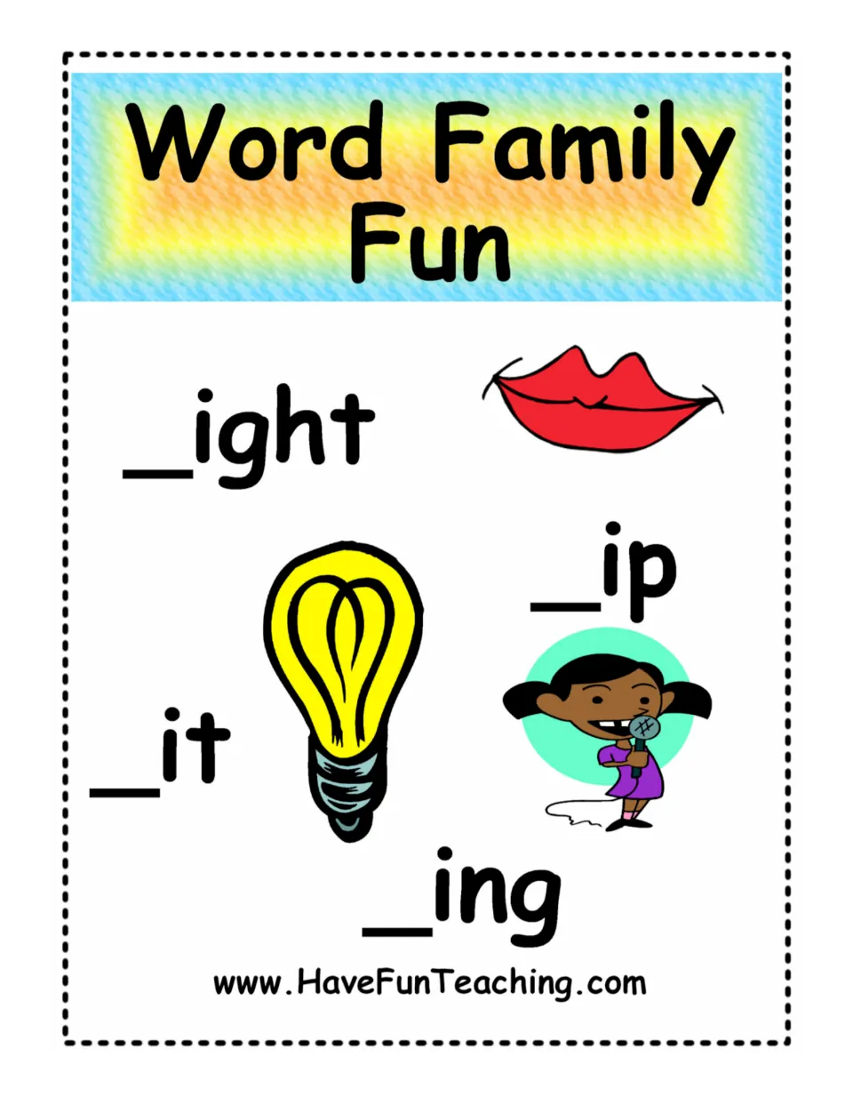 Cover of the word-family packet featuring -ight, -ip, -it, and -ing, with lip, light bulb, and singer pictures