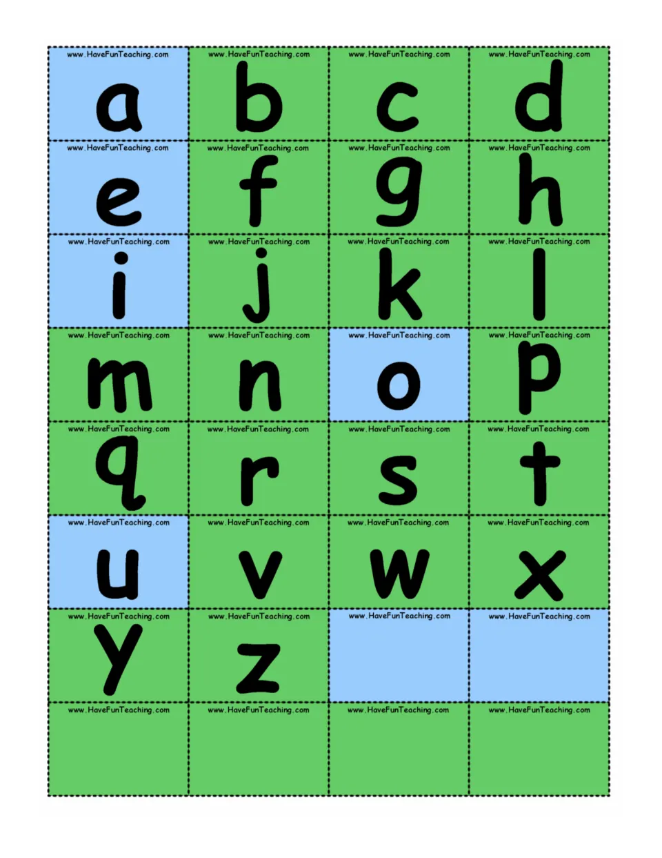 Alphabet cutouts for building word-family words: lowercase a–z and six blank tiles, with vowels in blue