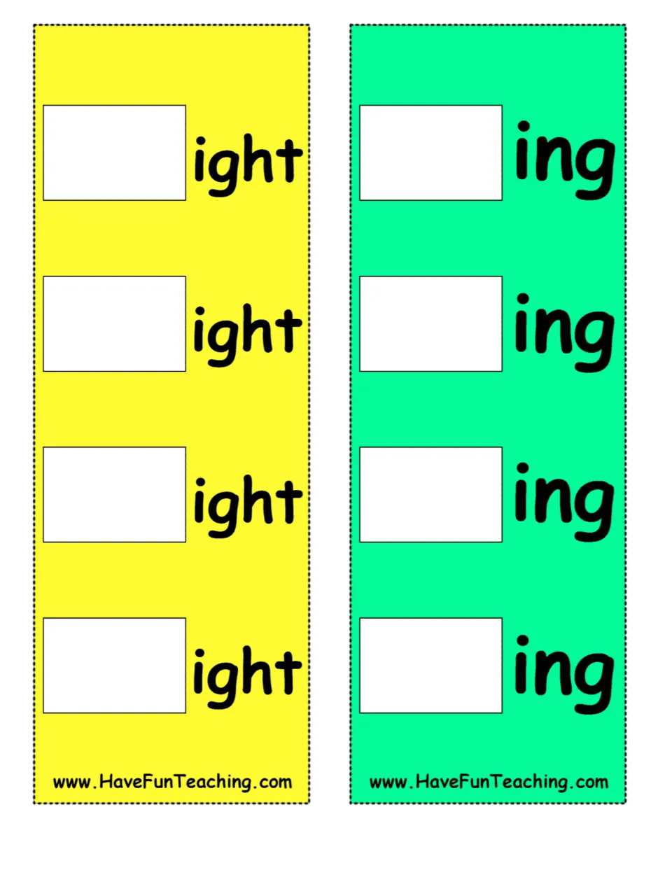 Word-building boards for -ight and -ing, each repeated four times for adding letters to make new words