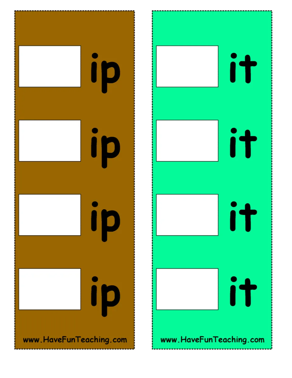 Word-building boards for -ip and -it, each repeated four times for adding letters to make new words