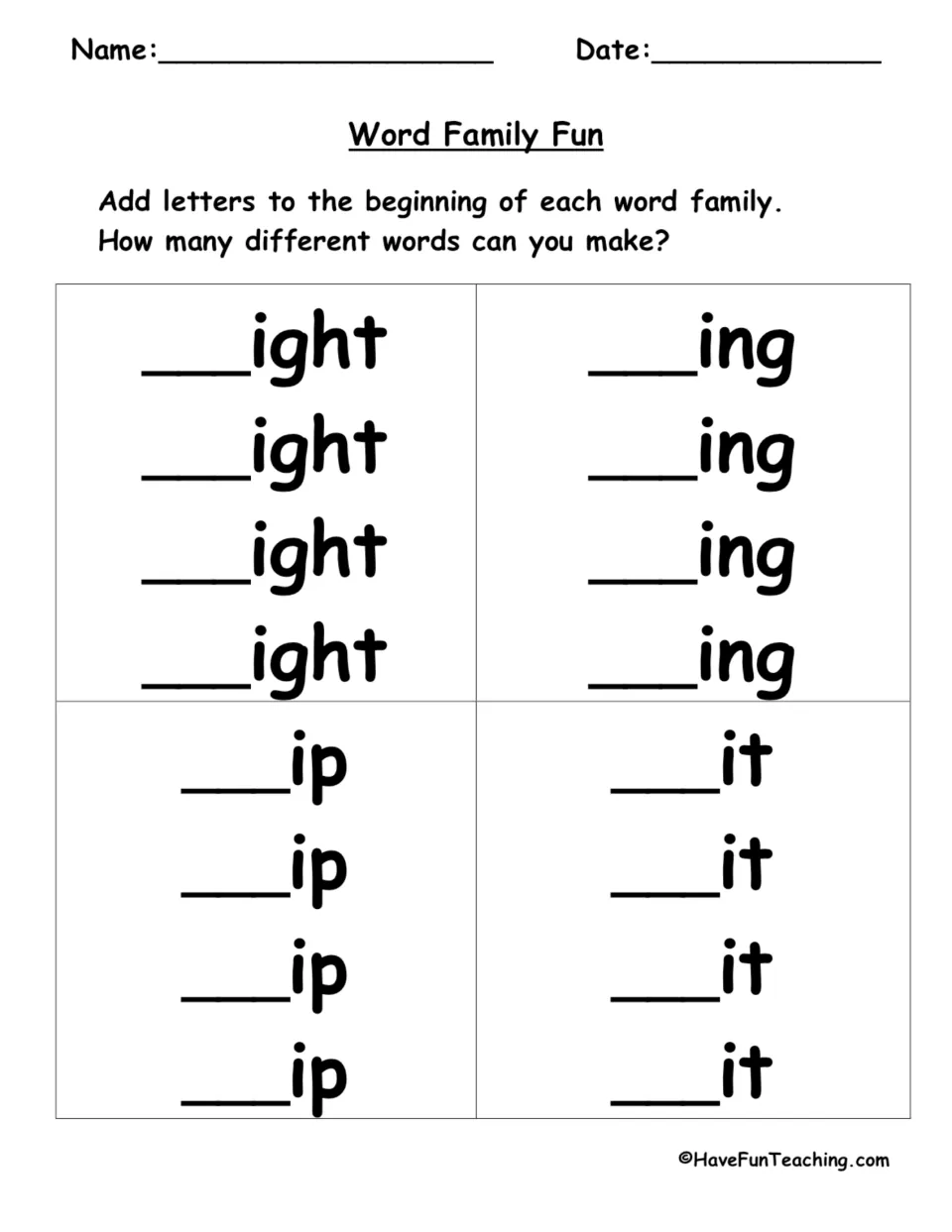 Word-family practice worksheet asks students to add beginning letters to -ight, -ing, -ip, and -it four times each