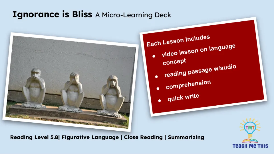 Lesson overview lists a language concept video, reading passage with audio, comprehension, and quick write