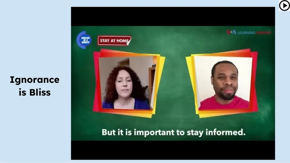 Video lesson slide features English in a Minute and the subtitle 'But it is important to stay informed.'