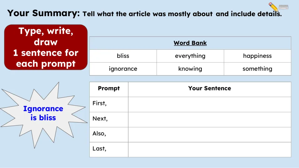 Summary activity asks for one sentence each using First, Next, Also, and Last, with a six-word word bank