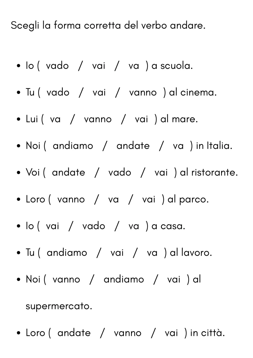 Italian andare (to go) practice: choose the correct present-tense form in 10 sentences about destinations