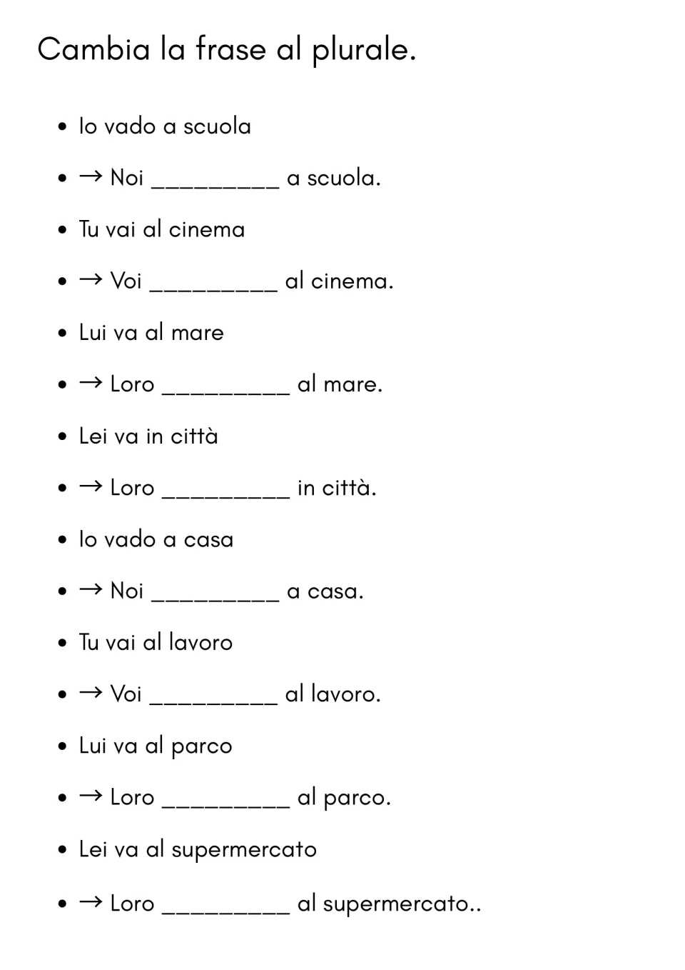 Italian andare (to go) practice: change eight singular sentences to plural using noi, voi and loro