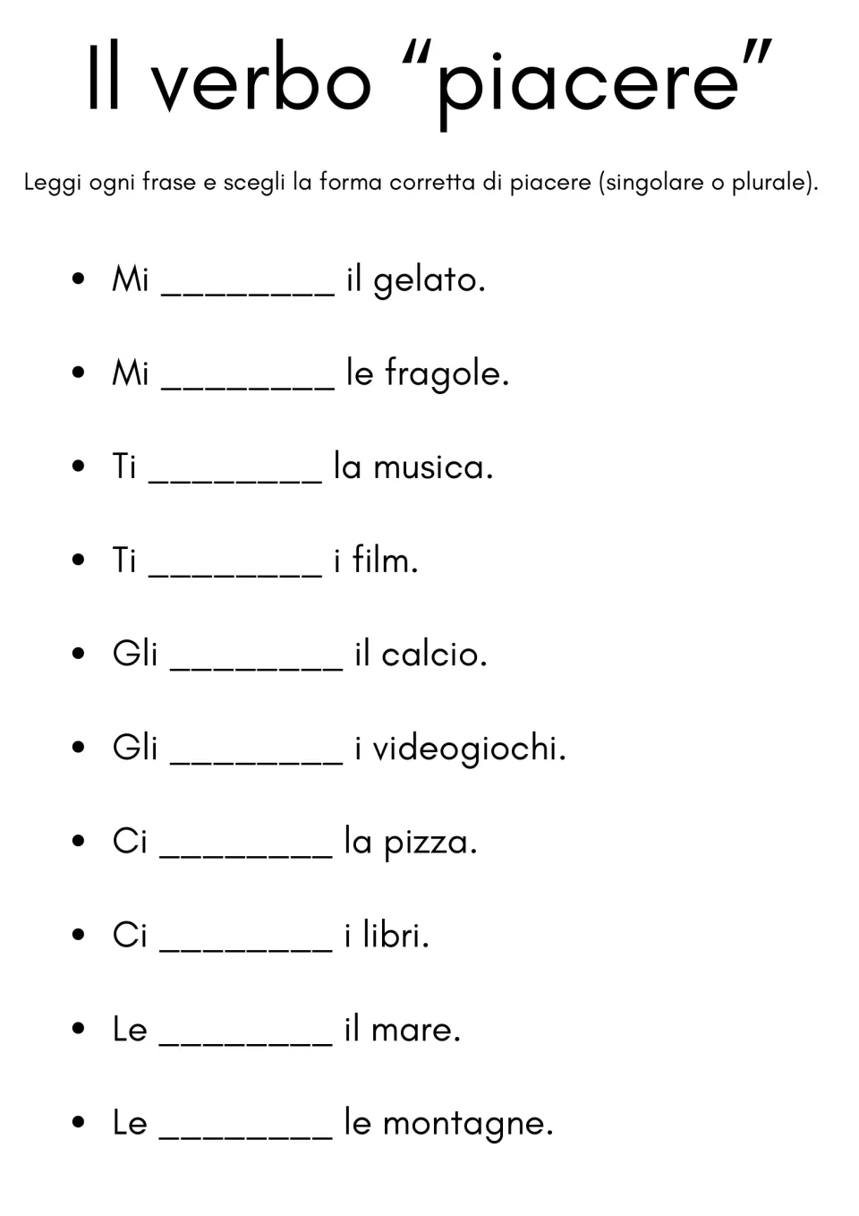 Italian verb practice: choose piace or piacciono in 10 sentences about gelato (ice cream), fruit, and more