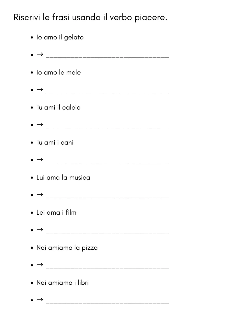 Italian sentence rewriting: use piacere (to like) in eight statements about ice cream, apples, and more