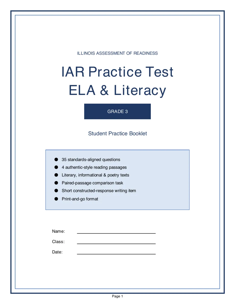 Student practice booklet title page listing 35 questions, reading passages, and a short written response