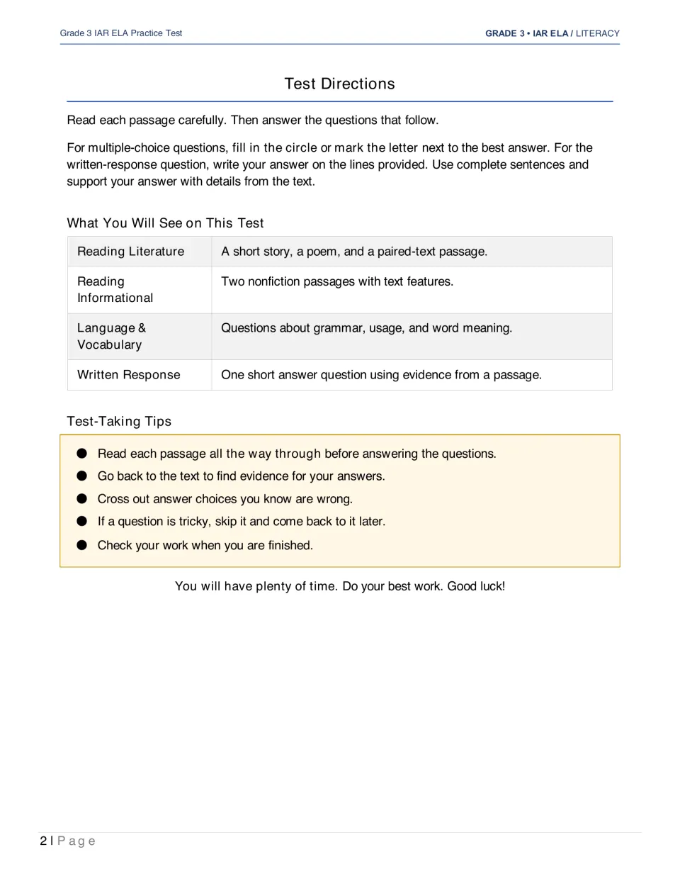 Test directions explain multiple-choice and written responses, list test sections, and give test-taking tips