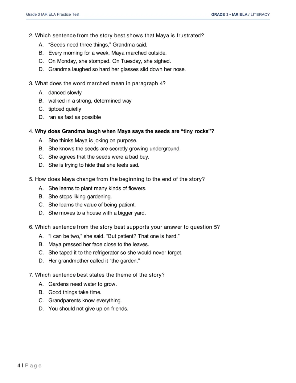 Questions 2–7 for Maya’s Garden Surprise cover frustration, word meaning, character change, and theme
