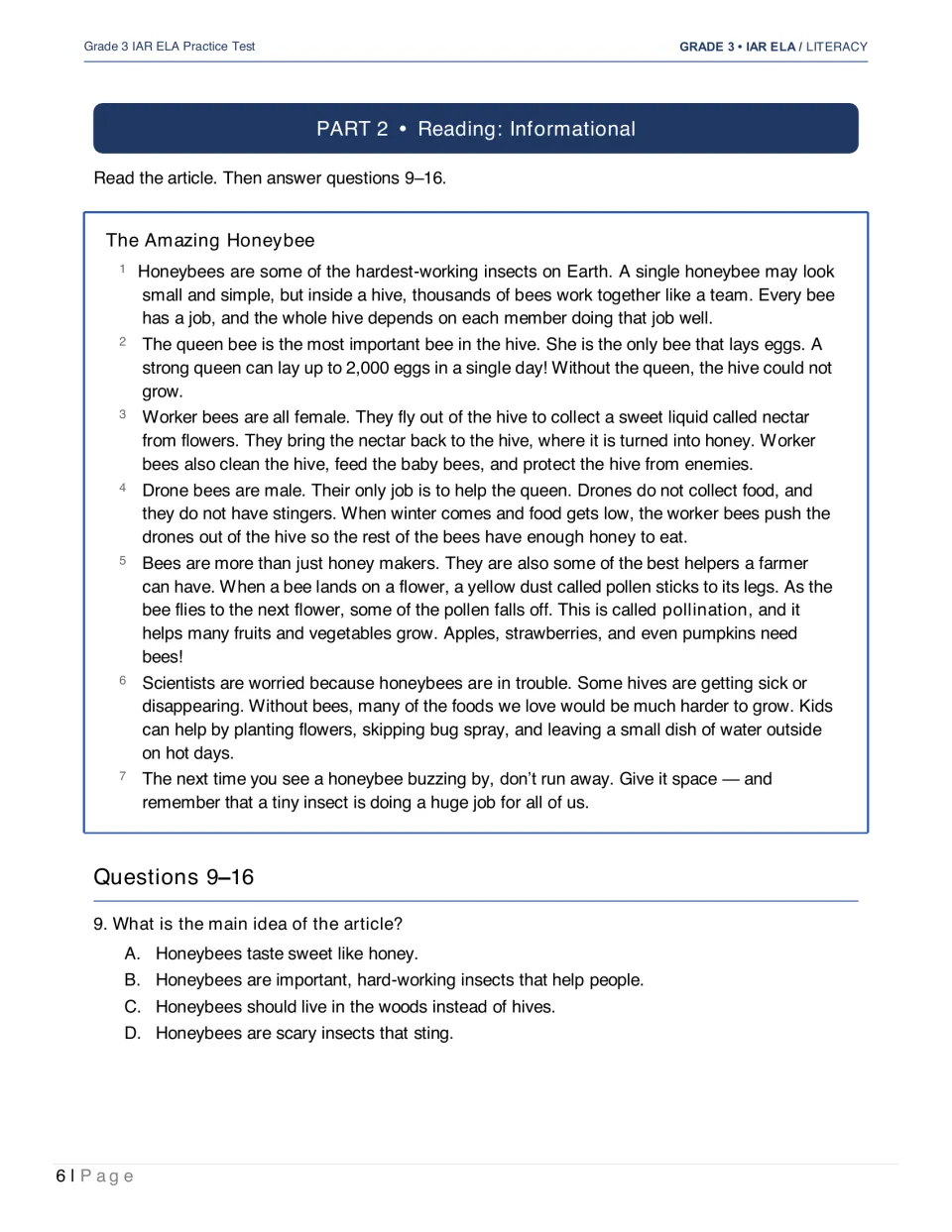 Informational reading section begins with The Amazing Honeybee and question 9 about the article’s main idea
