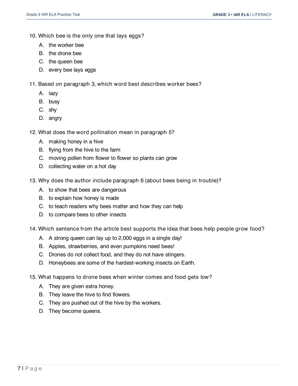Questions 10–15 for The Amazing Honeybee ask about bee roles, pollination, author’s purpose, and evidence
