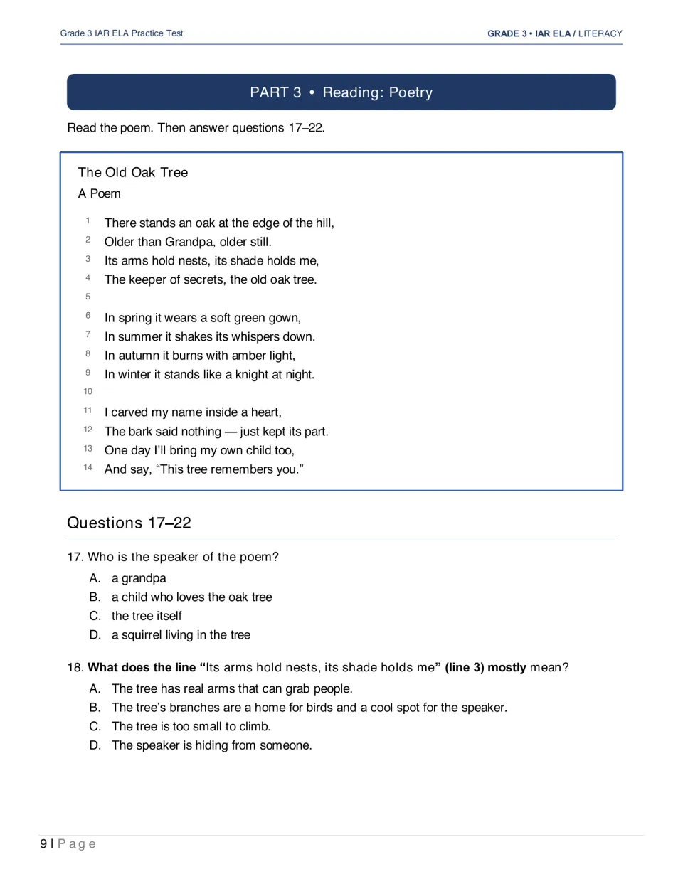 Poetry section opens with The Old Oak Tree and questions 17–18 about the speaker and the tree’s arms