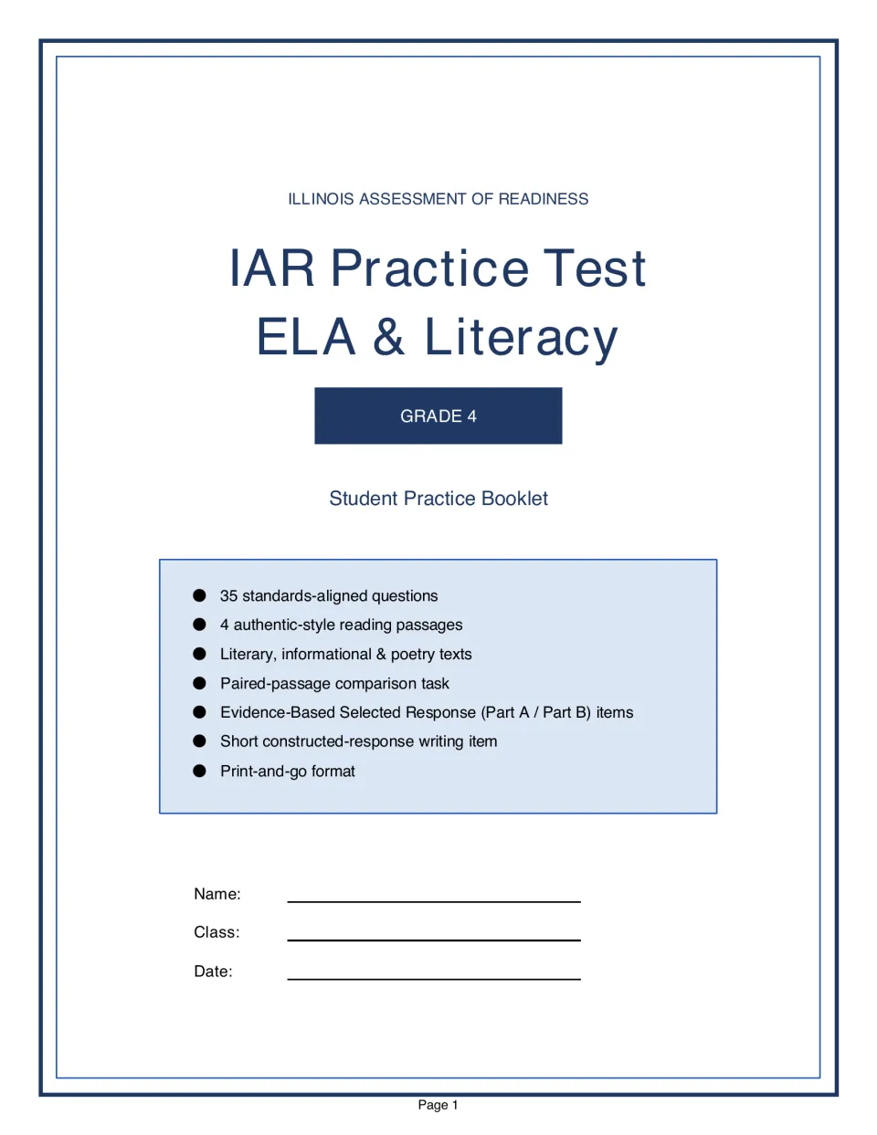 Student practice booklet cover listing 35 questions, reading passages, paired texts, and a written response