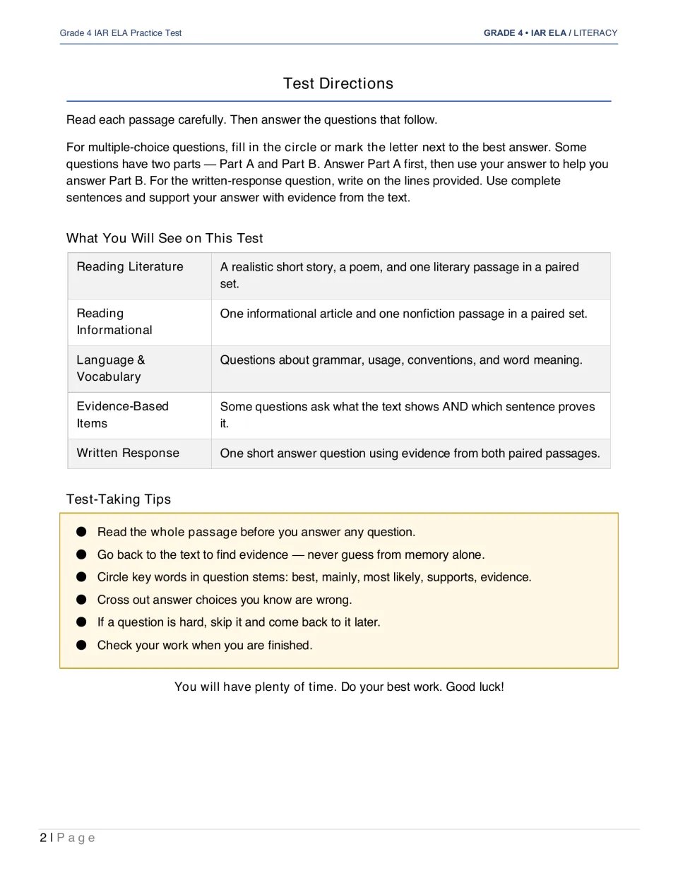 Test directions explain multiple-choice answers, Part A and Part B items, written responses, and test-taking tips