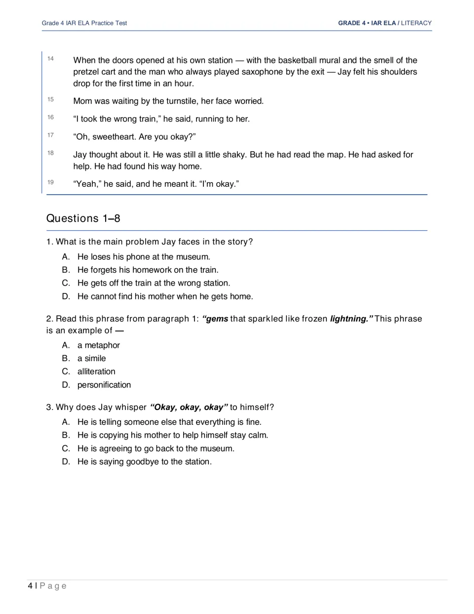 The Wrong Train concludes as Jay returns home; questions 1–3 ask about his problem, a simile, and staying calm