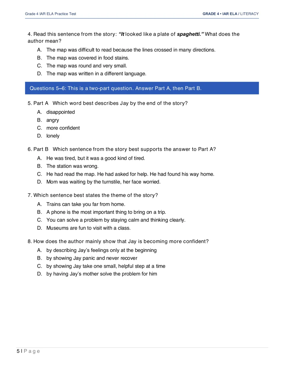 The Wrong Train questions 4–8 cover figurative language, Jay's confidence, supporting evidence, and theme