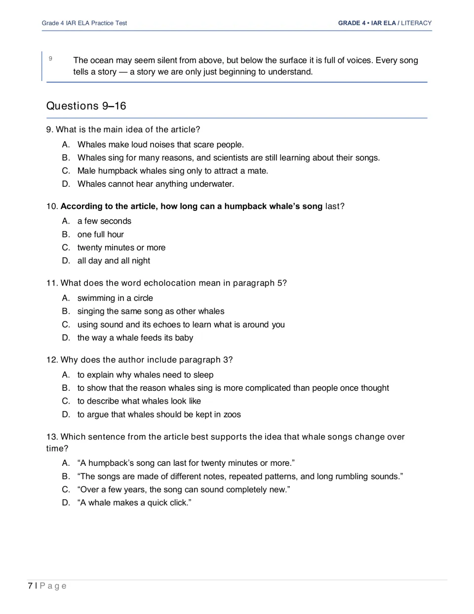 Why Whales Sing concludes; questions 9–13 address main idea, song length, echolocation, purpose, and evidence