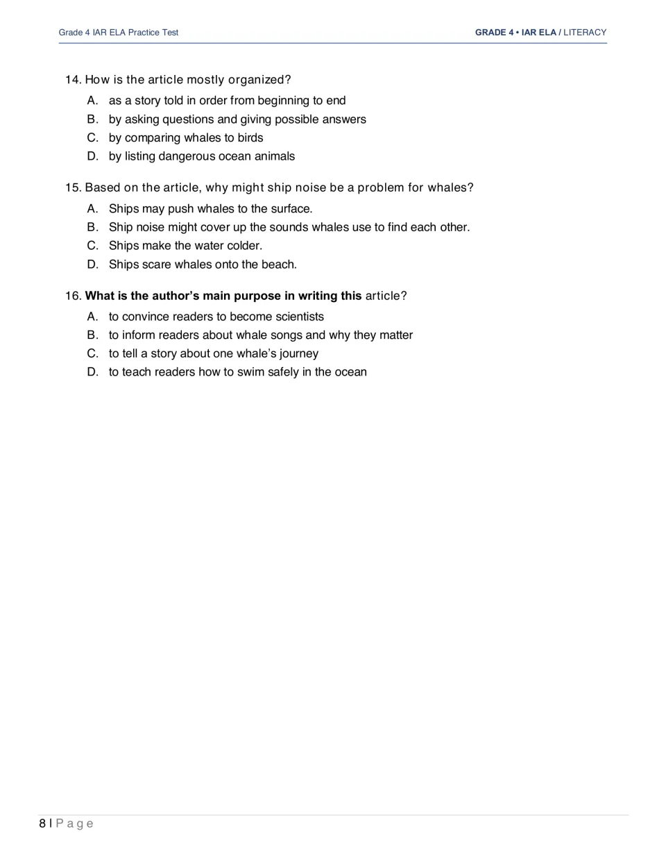Why Whales Sing questions 14–16 ask about article organization, ship noise, and the author's main purpose