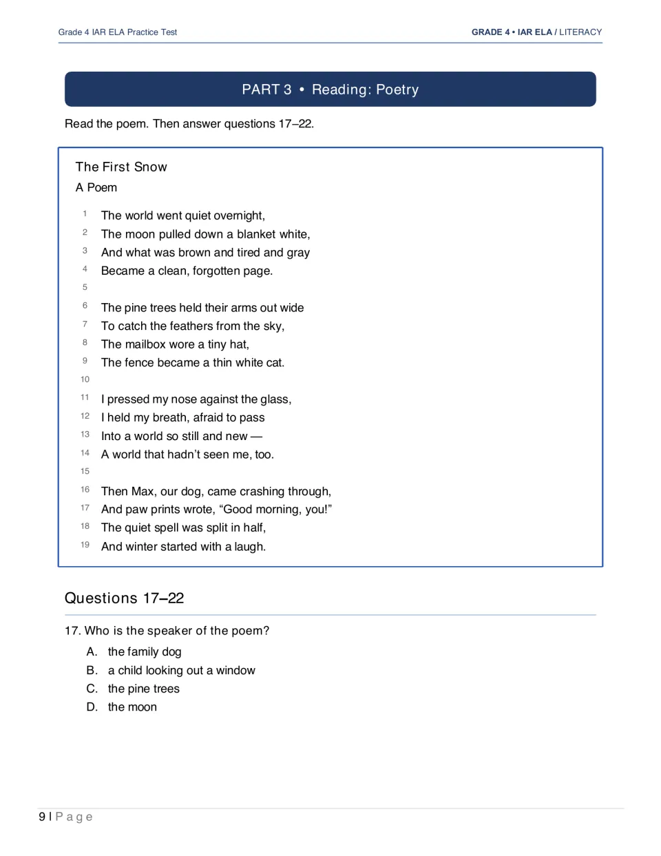 Part 3 presents The First Snow, a poem about a snowy morning and a dog; question 17 asks who is speaking