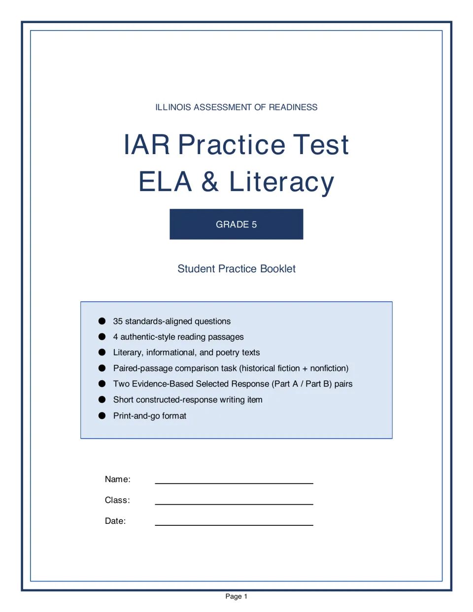 Student practice booklet title page lists 35 questions, paired passages, and a short written response