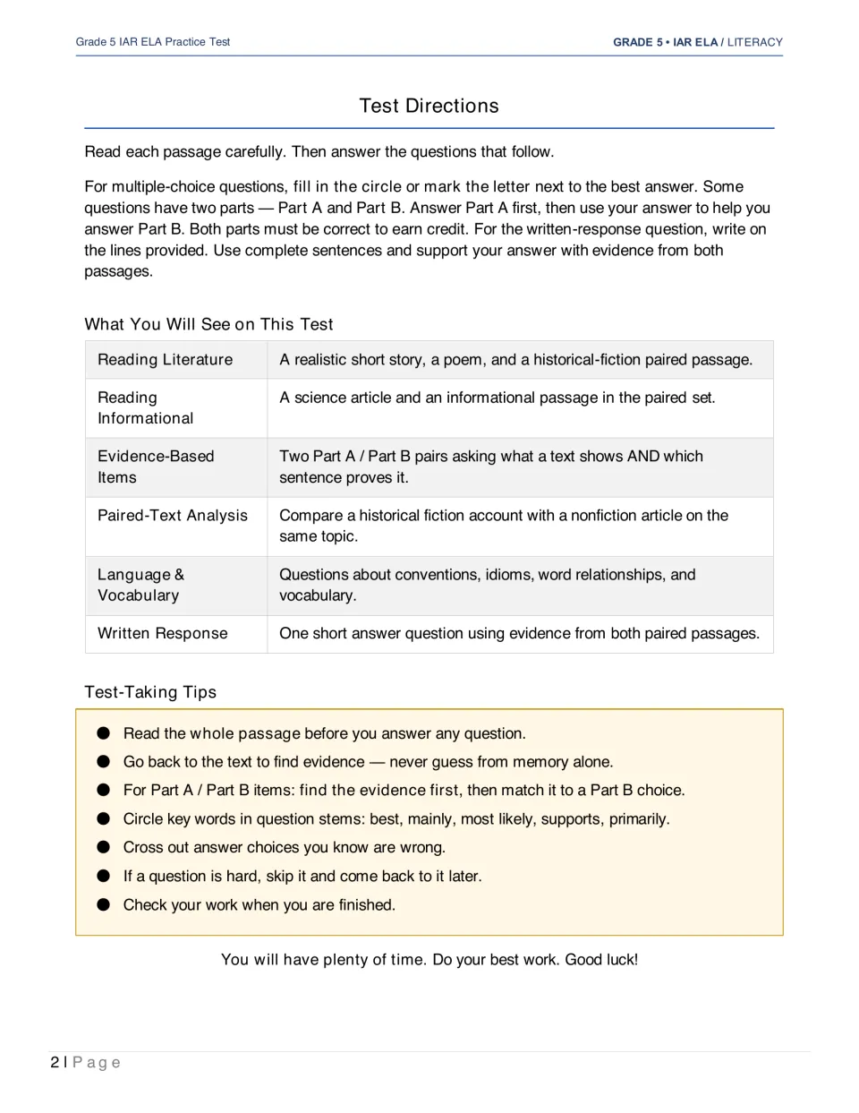 Test directions explain multiple-choice answers, Part A and Part B pairs, and writing with text evidence
