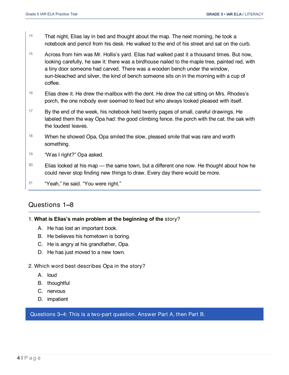 The Map concludes with Elias drawing his town; questions 1–2 ask about his initial problem and Opa's traits
