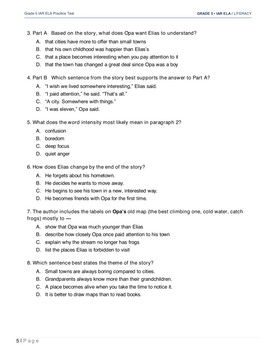 The Map questions 3–8 cover Opa's lesson, supporting evidence, vocabulary, Elias's change, and theme