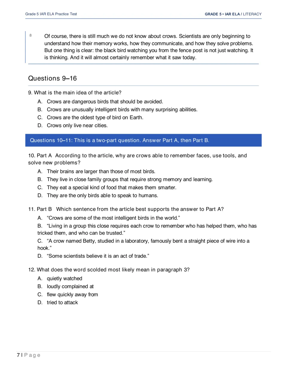 Crow article concludes; questions 9–12 ask about main idea, social learning, evidence, and 'scolded'