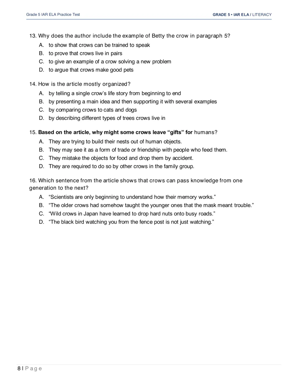 Crow article questions 13–16 examine Betty's example, text organization, gifts, and passing on knowledge