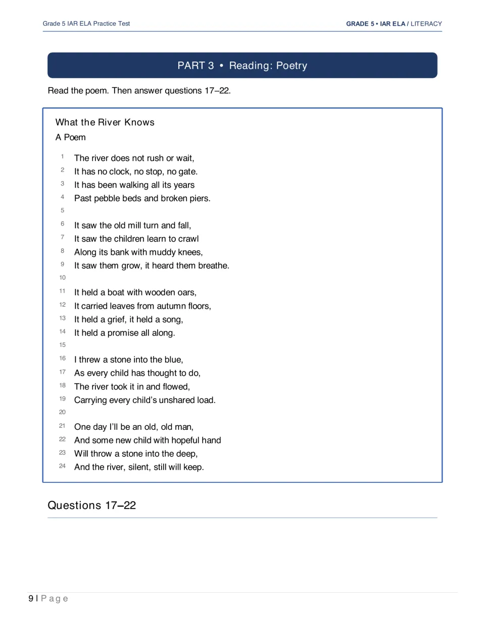 Poetry selection 'What the River Knows' follows a river witnessing generations, introducing questions 17–22